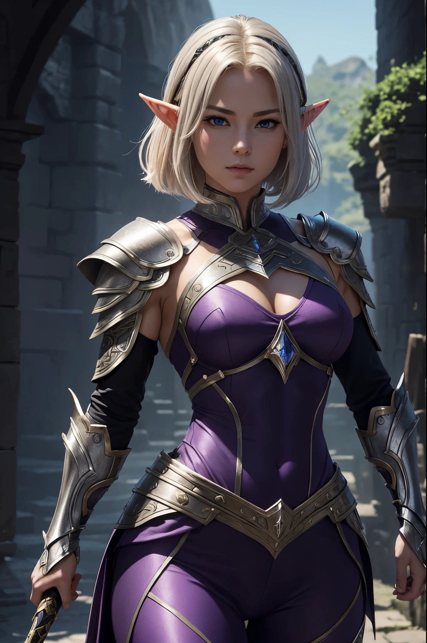 8K、Blonde short bobヘアのエルフ、Super Beauty(Realistic)、Alafeido woman in purple and black outfit、Ultra-detailed fantasy characters、3D Rendering Character Art、blue eyes、Detail Fantasy、Stunning Armor、Amazing character art、Gorgeous Female Paladin、Ultra-high resolution、Ultra-Realistic Skin、Beautiful expression、Sexy appearance、Enchanting、Beautiful small breasts、Rich colors、Backlight、Cinema Lighting、Film Grain、50mm lens、Nikon D850、Fantasy art、Dynamic fighting poses、In a dimly lit dungeon、make、Elf Ears、Very muscular and slim body、Very strong abs(8 Pack)、Silver hair ornament(one point)、Purple and black combat pants、Curved silver holding two small swords、Preparing for battle、Blonde short bob,Strengthening muscles throughout the body,Extremely strong and defined abs(Six Pack),Emits a black aura,Emits black energy,