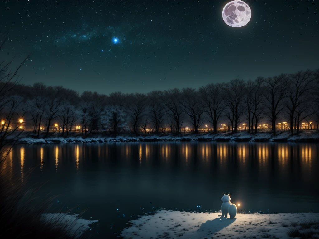 This is a night lake picture，A moon rises from the lake，Light blue sky with twinkling stars，White bear walking by the lake，Close shot，dream，romantic，night，soft，8K，Hayao Miyazaki，Art