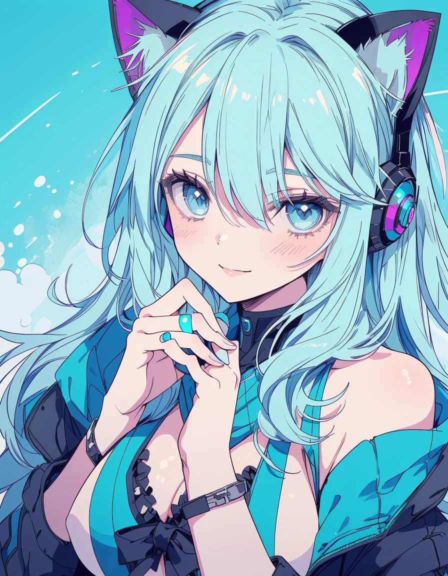 cyber punk, Undine, bikini, smile, ((masterpiece, best quality:1.5)), ((Beautiful detailed cat aqua eyes:1.2)), cat ears, pale skin, medium breasts, beautiful hands, beautiful fingers, EasyNegative