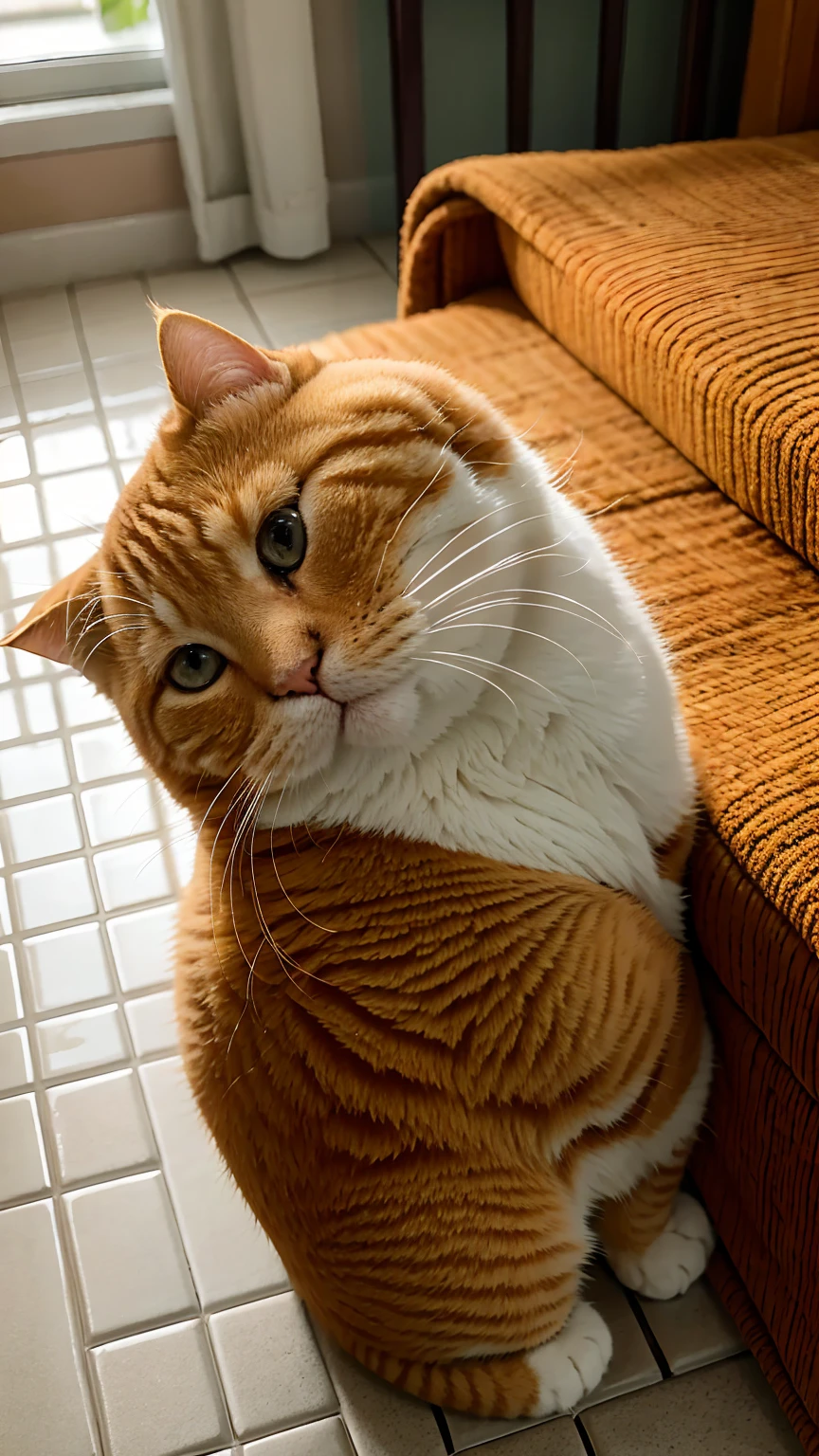 A cute, chubby orange tabby cat with big, sad eyes stands on a tiled floor. The cat has fluffy fur with white and orange stripes, and small, rounded paws. It is indoors, with a blurred background showing some furniture and possibly a window. The lighting is warm, creating a cozy atmosphere, and the cat's expression is adorably sad and innocent.Fat