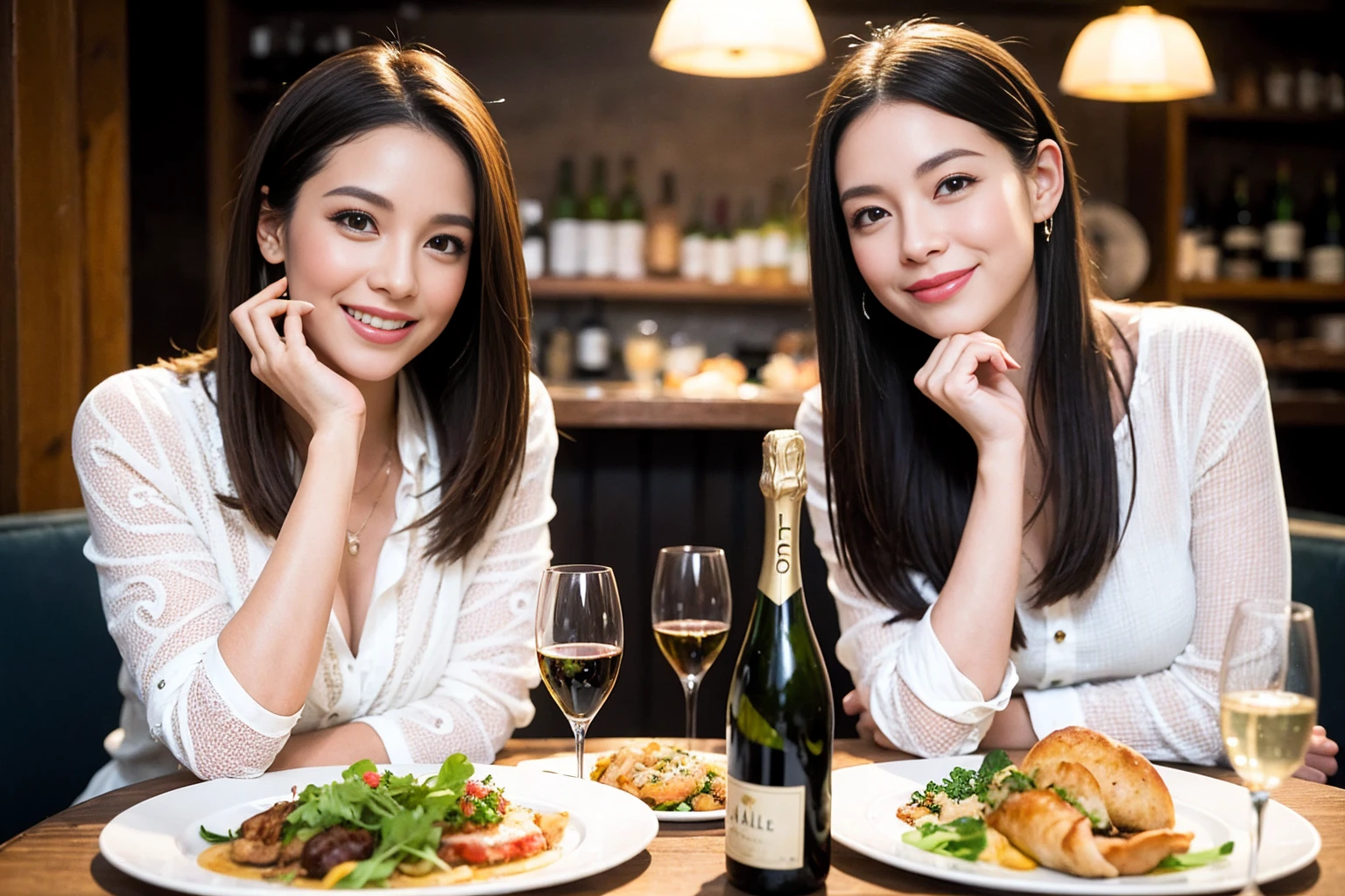 ((Highest quality、、masterpiece:1.3))、1 male、1 female、spouse、Beautiful couple、Smile、full-course dinner、 (Slim face), (the body is スリム), (Brown Hair), (Shortcuts), ((Bob Hale、Straight hair:1.2)), テーブルの上のwine glass、Shine light on your face、 Amazing view of the sunset sky and clouds、The beauty of a smile、Bright image、Blushing, Shortcuts, (Age 35), 39 years old, Appetizers、Italian food、Wine bottle、Champagne、sparkling wine、Long sleeve shirt、dress、Attractive beauty、restaurant, Nova Frog Style, actress, model, Upper Body, White wine, red wine, wine glass,
