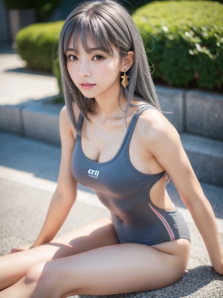 8K, RAW Photos, Fujifilm, Beautiful 20 year old woman style photo, (((Gray Hair:1.3,美しいGray Hairのストレートヘアー、シルキーなGray Hair)))、(((Navy school swimsuit:1.5,))) Gold earrings, (Highly detailed skin: 1.2), Light medium brown hair, Film Grain, 35mm, Cute Style、(((Sitting 1.5)))、Selfie with smartphone、Spread your legs、Erotic、sexy