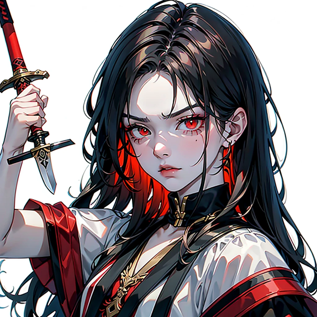 -yeld mateenager, black hair, bright scarlet eyes, hateful gaze, serious face, dark aura, sword embedded in the ground, black blade with red details, white background, looking at the viewer.