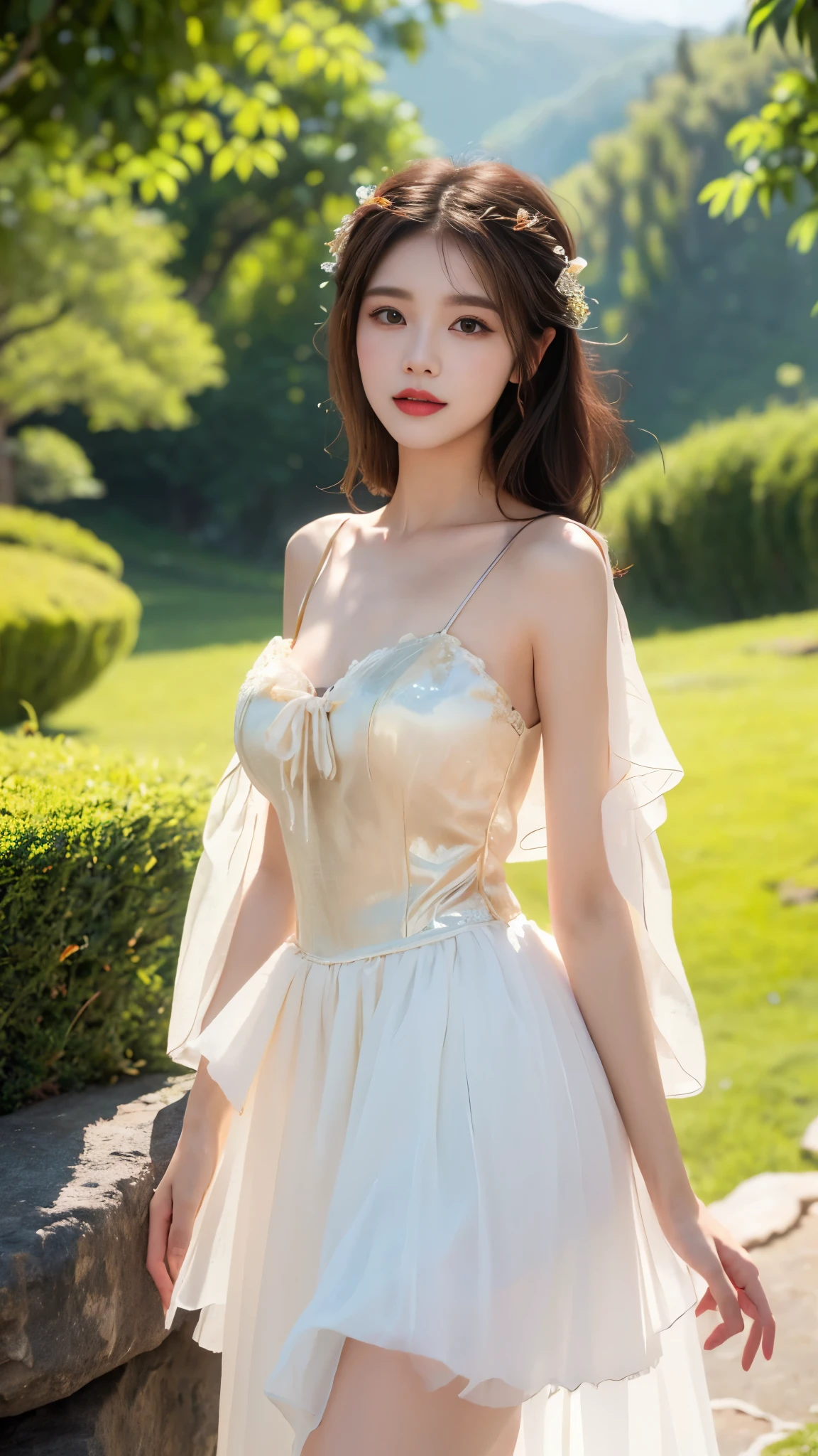 fairy dress, ((I-type Valley)), ((whole body)), Practical, Fashion Girl, Red lips, Mature women, make up, big eyes, beautiful眼睛, ((whole body)), ((From below)), (best quality, masterpiece:1.2), Very detailed, (Practical:1.37), ((Sexy long legs)), beautiful, Young and energetic, Charming model, Large Breasts, (Exquisite eyes, Delicate lips, Exquisite eyes), Show a bright smile, Create stunning girl images, Warm colors, Very high color saturation, Official Art, Extremely detailed CG unified 8k wallpaper,(High Dynamic Range :1.4), (Movie),(Soft colors, Dull Color, Soothing tone :1.3), (Natural skin texture, ultra-Practical, Soft Light, sharp),(Very detailed), night, moonlight, ((In the mountains, plant, Leaning against the rocks))