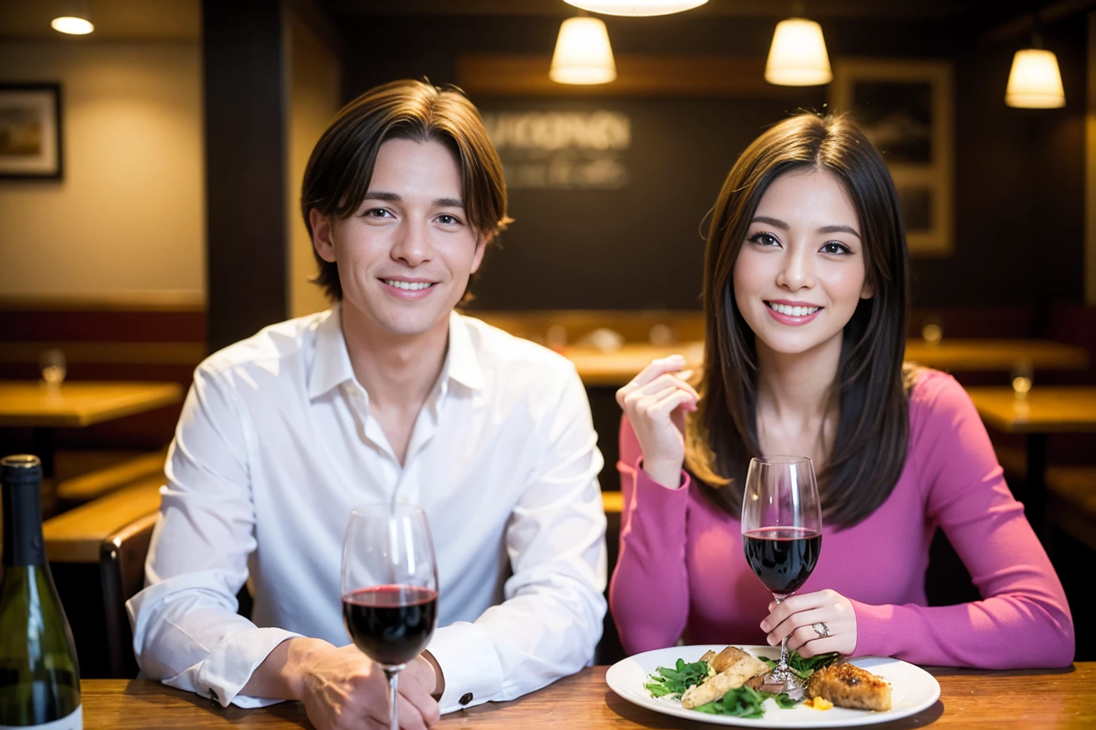 ((Highest quality、、masterpiece:1.3))、1 male、1 female、spouse、Beautiful couple、smile、full-course dinner、 (Slim face), (the body is スリム), (Brown Hair), (Shortcuts), ((Bob Hale、Straight hair:1.2)), テーブルの上のwine glass、Put the light on your face、 Amazing view of the sunset sky and clouds、smileの美しさ、Bright image、Blushing, Shortcuts, (43 years old), 39 years old, Appetizers、Italian food、Wine bottle、Champagne、sparkling wine、Long sleeve shirt、dress、Attractive beauty、restaurant, Nova Frog Style, actress, model, Upper Body, White wine, red wine, wine glass, 