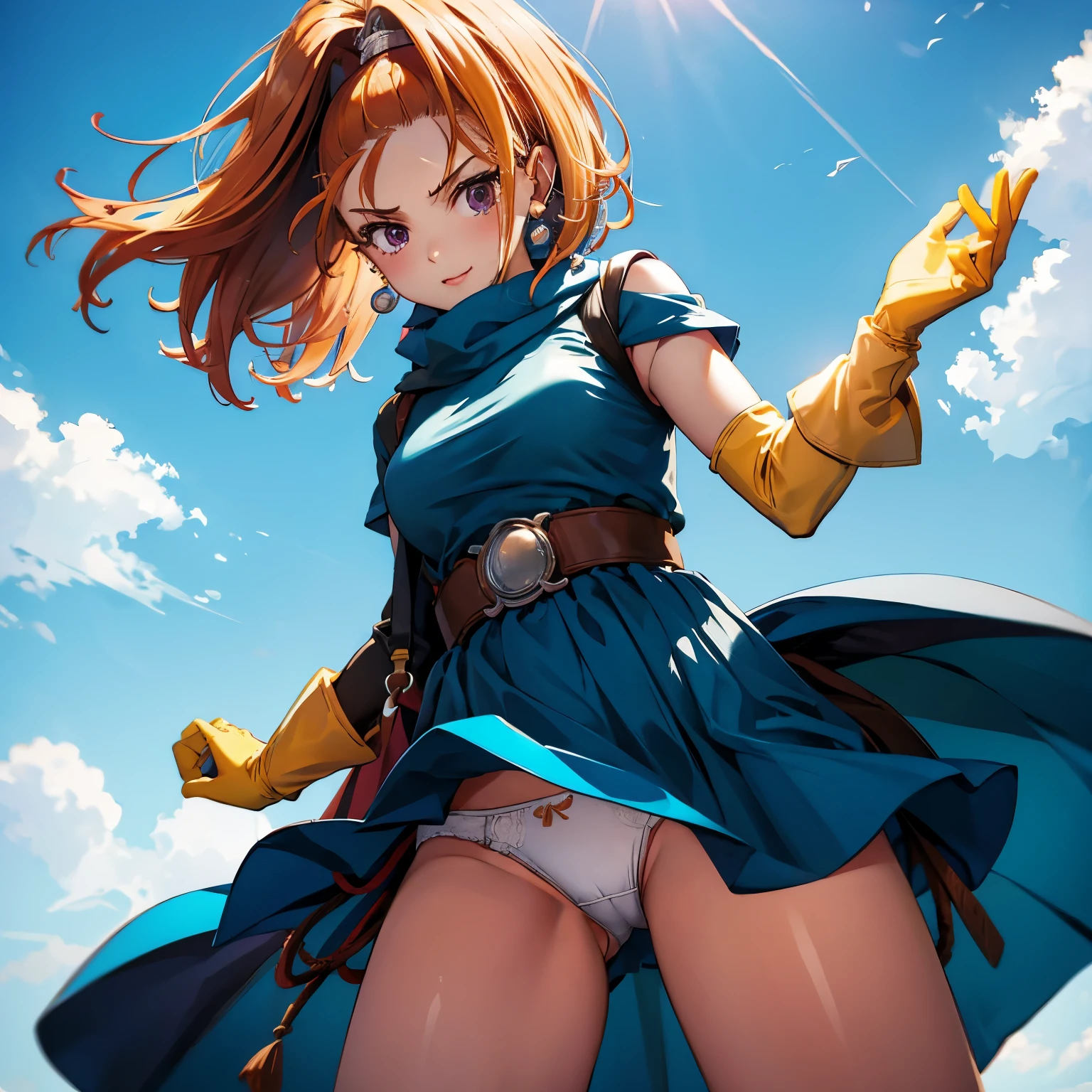 dq6barbara,manspread,white panties,shoot from below,sky,wind from below,
high ponytail
dress
cape
yellow gloves
belt
jewelry
earrings
