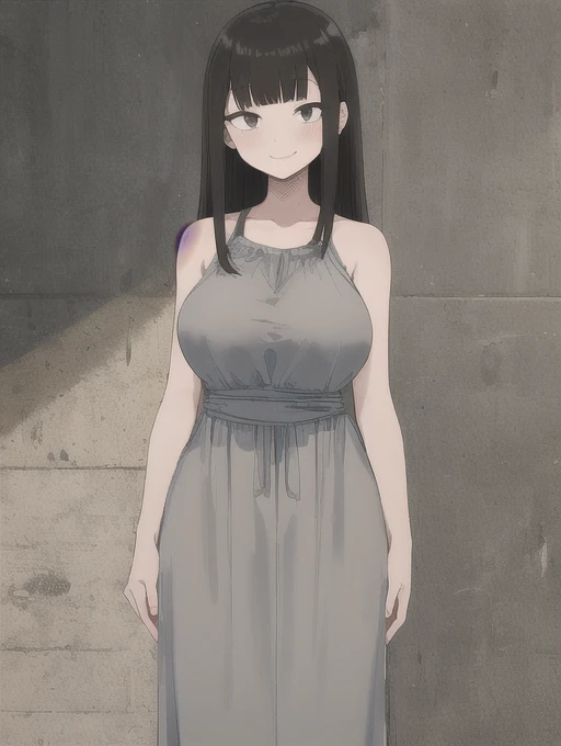 (masterpiece, high quality:1.4), break,White skin、
One Girl, Teen, alone, (Large Breasts:1.2),(Semi-long hair:1.2), Black Hair、bangs、Short Mash Hair、Tight waist, Brown eyes, break、Grey maxi dress、The whole body is visible、smile