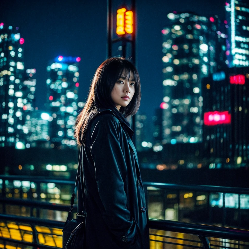 Reflecting themes of suspense and revenge、Design in a dark and mysterious illustration style。With the night view of the city in the background、Draw the main character in disguise。This protagonist is、A woman with a desire for revenge、He has sharp eyes and a calm expression.。Behind her、Lined with neon-lit skyscrapers、It exudes a city night atmosphere.。 The protagonist is stylishly dressed、It gives off the feeling of having a secret.。She had a smartphone in one hand、In the other hand, you can see a notebook with secret plans written on it.。Behind her、I could see the vague silhouettes of the two people she was aiming for.、showing that he is the target of her schemes.。 The background color is、To express the coldness of the city night、Deep blue or purple、And use neon pink and yellow colors.。The protagonist is placed in the center.、Create a design that captures the moment when she decides to put her plan into action.。 Provide visuals that epitomize a story of revenge and deception。This visual iake a deep impression on the listener、
。 High resolution, masterpiece, Highest quality, Intricate details, Very detailed, Clear focus, Delicate skin, practical skin texture, texture, Delicate eyes, Professional, 4K, Shot with Canon, 85mm, Shallow and deep, Kodak Vision Color, Exactly, Very detailed, photograph_\(Extremist\), photographpractical, practical, Post-processing, Maximum details, Roughness, Real Life, Extremist practical, Photorealism, photographgraphy, 8K Ultra HD, photographgraphy
