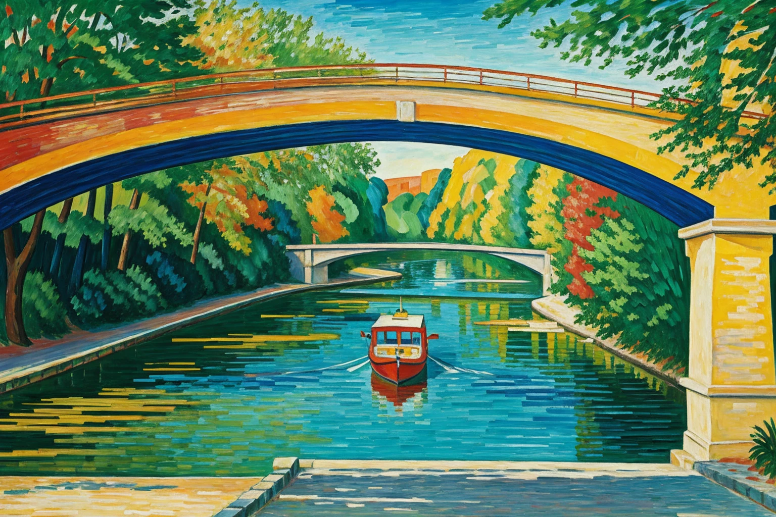 Fauvism style oil painting of a bridge on a river, vivid colors, plain and flat designs as painted by Henry Matisse fauvism paintings