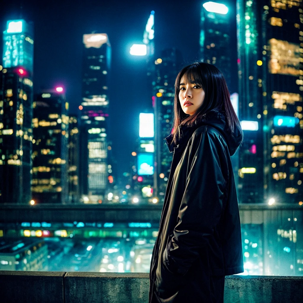 Reflecting themes of suspense and revenge、Design in a dark and mysterious illustration style。With the night view of the city in the background、Draw the main character in disguise。This protagonist is、A woman with a desire for revenge、He has sharp eyes and a calm expression.。Behind her、Lined with neon-lit skyscrapers、It exudes a city night atmosphere.。 The protagonist is stylishly dressed、It gives off the feeling of having a secret.。She had a smartphone in one hand、In the other hand, you can see a notebook with secret plans written on it.。Behind her、I could see the vague silhouettes of the two people she was aiming for.、showing that he is the target of her schemes.。 The background color is、To express the coldness of the city night、Deep blue or purple、And use neon pink and yellow colors.。The protagonist is placed in the center.、Create a design that captures the moment when she decides to put her plan into action.。 Provide visuals that epitomize a story of revenge and deception。This visual iake a deep impression on the listener、
。 High resolution, masterpiece, Highest quality, Intricate details, Very detailed, Clear focus, Delicate skin, practical skin texture, texture, Delicate eyes, Professional, 4K, Shot with Canon, 85mm, Shallow and deep, Kodak Vision Color, Exactly, Very detailed, photograph_\(Extremist\), photographpractical, practical, Post-processing, Maximum details, Roughness, Real Life, Extremist practical, Photorealism, photographgraphy, 8K Ultra HD, photographgraphy