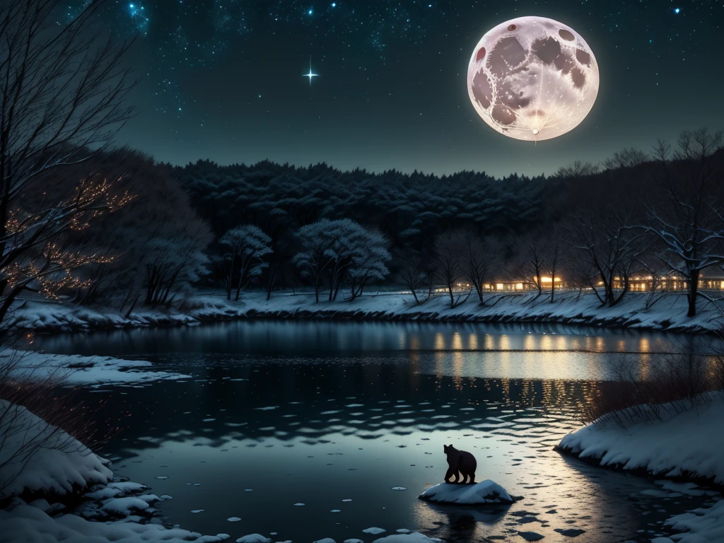 This is a night lake picture，A moon rises from the lake，Light blue sky with twinkling stars，Bear walking by the lake，Close shot，dream，romantic，night，soft，8K，Hayao Miyazaki，Art