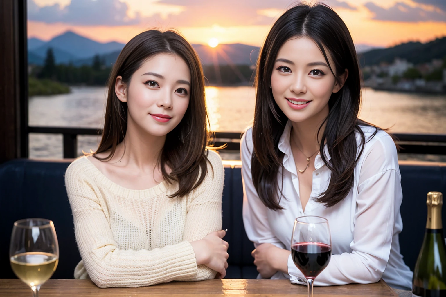 ((Highest quality、8K、masterpiece:1.3))、1 male、1 woman who resembles Satomi Ishihara、Couple、spouse、Couple、The body is slim、((Bob Hale、Straight hair:1.2)), (Realistic, Intricate details:1.2), テーブルの上のwine glass、Shine light on your face、 Amazing view of the sunset sky and clouds、Amazing mountain views、A bright smile、The wonderfulness of smile、Bright image、The beauty of wine, Beautiful Face, blue eyes, The light shines on your face, Blushing, short hair,Bright Face、 (42 years old), 39 years old, red wine 、Appetizers、Italian food、Wine bottle、Champagne、sparkling wine、Two beauties、Brown Hair、Shortcuts、Long sleeve shirt、dress、Beautiful woman 1, (slimな顔), (The body is slim), (Brown Hair), (Shortcuts), cheeks turn a little red,Attractive beauty、restaurant, In a prominent place (From the waist up) Nova Frog Style, actress, model, Upper Body, White wine, slim, wine glass, 中央に置かれたwine glass, smile, (smile: 1.15), Beautiful fine grain, Depth f/2,saturation, High Contrast, Strong light and shadow,Moist Body:1.5、3D texture、Delicate eyes、Brown Hair、The hair is very shiny、