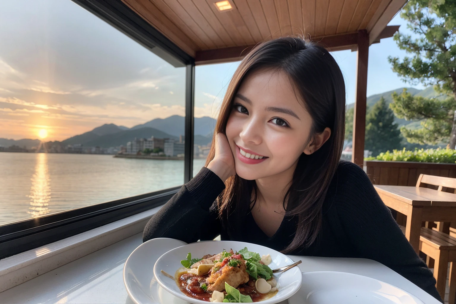 ((Highest quality、8K、masterpiece:1.3))、1 male、1 woman who resembles Satomi Ishihara、Couple、spouse、Couple、The body is slim、((Bob Hale、Straight hair:1.2)), (Realistic, Intricate details:1.2), テーブルの上のwine glass、Shine light on your face、 Amazing view of the sunset sky and clouds、Amazing mountain views、A bright smile、The wonderfulness of smile、Bright image、The beauty of wine, Beautiful Face, blue eyes, The light shines on your face, Blushing, short hair,Bright Face、 (42 years old), 39 years old, red wine 、Appetizers、Italian food、Wine bottle、Champagne、sparkling wine、Two beauties、Brown Hair、Shortcuts、Long sleeve shirt、dress、Beautiful woman 1, (slimな顔), (The body is slim), (Brown Hair), (Shortcuts), cheeks turn a little red,Attractive beauty、restaurant, In a prominent place (From the waist up) Nova Frog Style, actress, model, Upper Body, White wine, slim, wine glass, 中央に置かれたwine glass, smile, (smile: 1.15), Beautiful fine grain, Depth f/2,saturation, High Contrast, Strong light and shadow,Moist Body:1.5、3D texture、Delicate eyes、Brown Hair、The hair is very shiny、