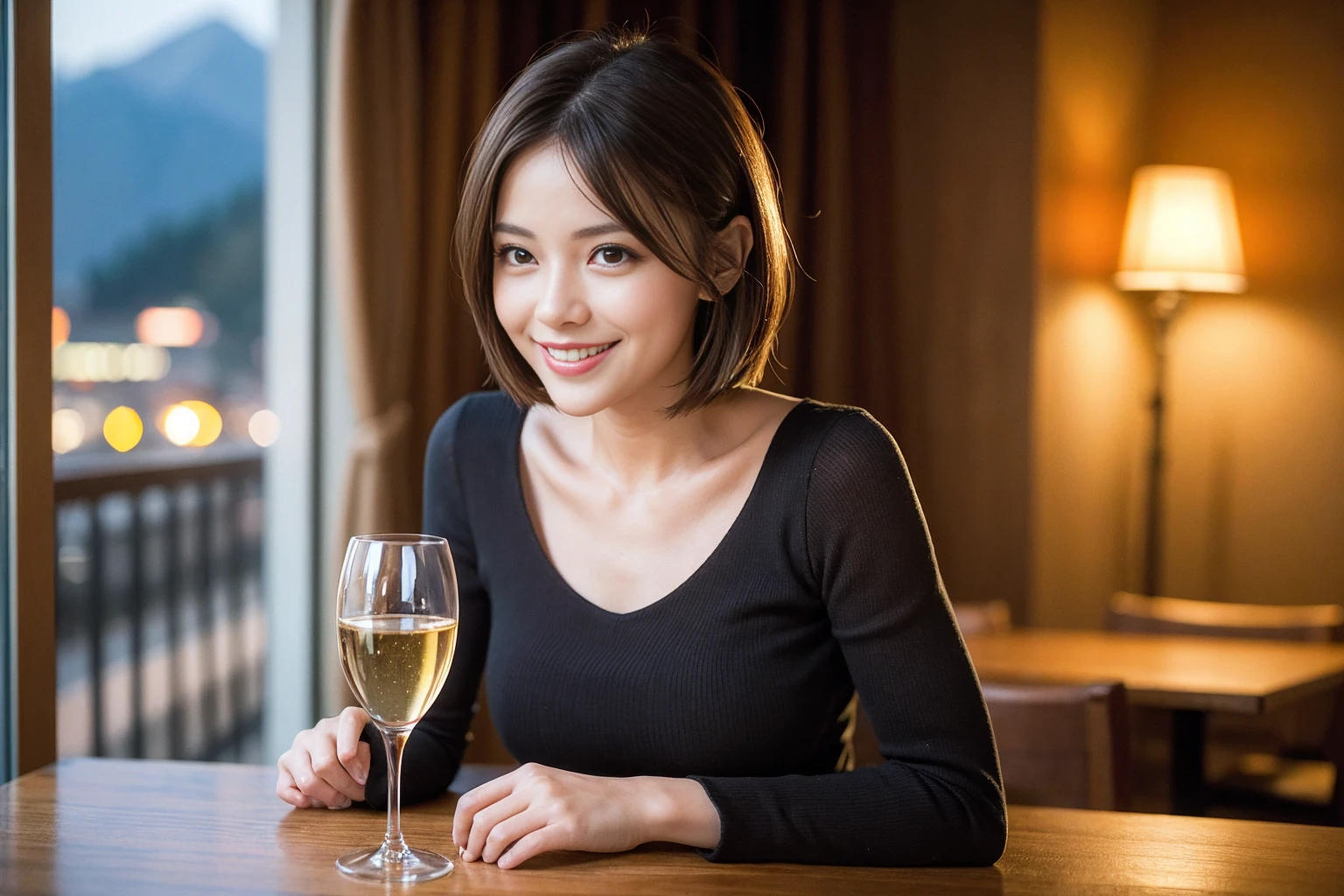 ((Highest quality、8K、masterpiece:1.3))、1 male、1 woman who resembles Satomi Ishihara、Couple、spouse、Couple、The body is slim、((Bob Hale、Straight hair:1.2)), (Realistic, Intricate details:1.2), テーブルの上のwine glass、Shine light on your face、 Amazing view of the sunset sky and clouds、Amazing mountain views、A bright smile、The wonderfulness of smile、Bright image、The beauty of wine, Beautiful Face, blue eyes, The light shines on your face, Blushing, short hair,Bright Face、 (42 years old), 39 years old, red wine 、Appetizers、Italian food、Wine bottle、Champagne、sparkling wine、Two beauties、Brown Hair、Shortcuts、Long sleeve shirt、dress、Beautiful woman 1, (slimな顔), (The body is slim), (Brown Hair), (Shortcuts), cheeks turn a little red,Attractive beauty、restaurant, In a prominent place (From the waist up) Nova Frog Style, actress, model, Upper Body, White wine, slim, wine glass, 中央に置かれたwine glass, smile, (smile: 1.15), Beautiful fine grain, Depth f/2,saturation, High Contrast, Strong light and shadow,Moist Body:1.5、3D texture、Delicate eyes、Brown Hair、The hair is very shiny、