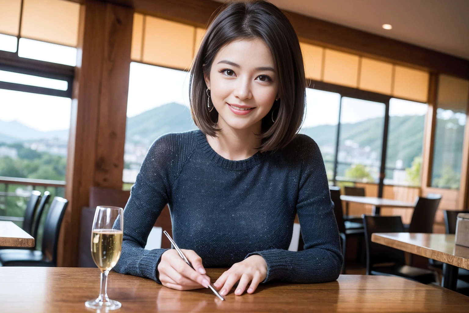((Highest quality、8K、masterpiece:1.3))、1 male、1 woman who resembles Satomi Ishihara、Couple、spouse、Couple、The body is slim、((Bob Hale、Straight hair:1.2)), (Realistic, Intricate details:1.2), テーブルの上のwine glass、Shine light on your face、 Amazing view of the sunset sky and clouds、Amazing mountain views、A bright smile、The wonderfulness of smile、Bright image、The beauty of wine, Beautiful Face, blue eyes, The light shines on your face, Blushing, short hair,Bright Face、 (42 years old), 39 years old, red wine 、Appetizers、Italian food、Wine bottle、Champagne、sparkling wine、Two beauties、Brown Hair、Shortcuts、Long sleeve shirt、dress、Beautiful woman 1, (slimな顔), (The body is slim), (Brown Hair), (Shortcuts), cheeks turn a little red,Attractive beauty、restaurant, In a prominent place (From the waist up) Nova Frog Style, actress, model, Upper Body, White wine, slim, wine glass, 中央に置かれたwine glass, smile, (smile: 1.15), Beautiful fine grain, Depth f/2,saturation, High Contrast, Strong light and shadow,Moist Body:1.5、3D texture、Delicate eyes、Brown Hair、The hair is very shiny、