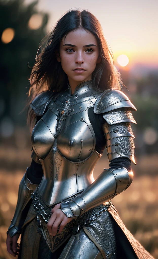 (masterpiece), (extremely intricate:1.3), (realistic), portrait of a girl, the most beautiful in the world, (medieval armor), metal reflections, upper body, outdoors, intense sunlight, far away castle, professional photograph of a stunning woman detailed, sharp focus, dramatic, award winning, cinematic lighting, octane render  unreal engine,  volumetrics dtx, (film grain, blurry background, blurry foreground, bokeh, depth of field, sunset, motion blur:1.3), chainmail