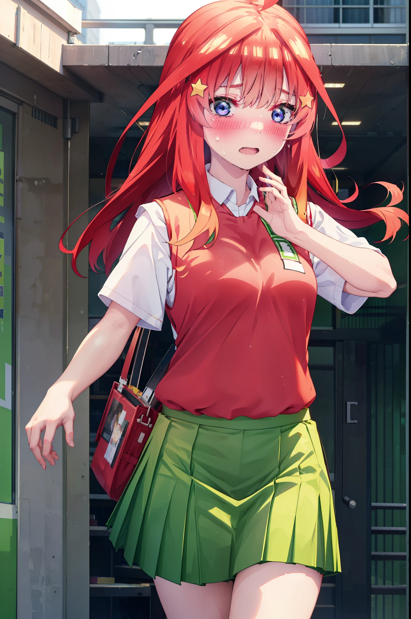 itsukinakano, itsuki nakano, bangs, blue eyes, Hair between the eyes, Ahoge, Redhead, star \(symbol\), hair ornaments, star hair ornaments,Tears stream down her face,Tears of joy,I cry a lot,blush,
skirt, shirt , clavicle, white shirt, Short sleeve, Pleated skirt, socks, collared shirt, mini skirt, Knee-high, white socks, (Green Skirt:1.5), (red sweater vest:1.5),Black Loafers,Sunset,evening,The sun is setting,whole bodyがイラストに入るように,
break outdoors, Back of the school building,
break looking at viewer, whole body,
break (masterpiece:1.2), Highest quality, High resolution, unity 8k wallpaper, (figure:0.8), (Beautiful attention to detail:1.6), Highly detailed face, Perfect lighting, Highly detailed CG, (Perfect hands, Perfect Anatomy),