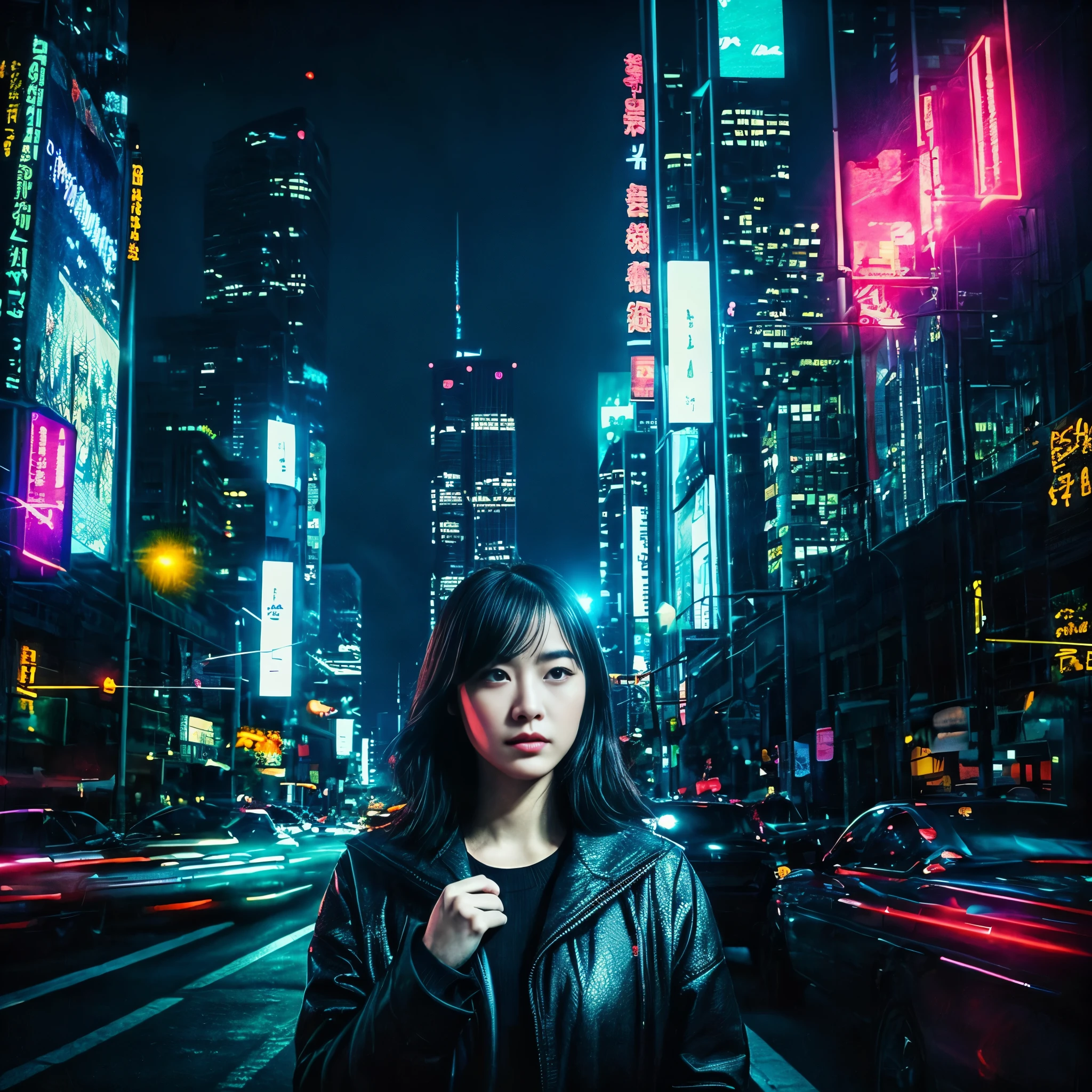 Reflecting themes of suspense and revenge、Design in a dark and mysterious illustration style。With the night view of the city in the background、Draw the main character in disguise。This protagonist is、A woman with a desire for revenge、He has sharp eyes and a calm expression.。Behind her、Lined with neon-lit skyscrapers、It exudes a city night atmosphere.。 The protagonist is stylishly dressed、It gives off the feeling of having a secret.。She had a smartphone in one hand、In the other hand, you can see a notebook with secret plans written on it.。Behind her、I could see the vague silhouettes of the two people she was aiming for.、showing that he is the target of her schemes.。 The background color is、To express the coldness of the city night、Deep blue or purple、And use neon pink and yellow colors.。The protagonist is placed in the center.、Create a design that captures the moment when she decides to put her plan into action.。 Provide visuals that epitomize a story of revenge and deception。This visual is、Make a deep impression on the listener、
。 High resolution, masterpiece, Highest quality, Intricate details, Very detailed, Clear focus, Delicate skin, practical skin texture, texture, Delicate eyes, Professional, 4K, Shot with Canon, 85mm, Shallow and deep, Kodak Vision Color, Exactly, Very detailed, photograph_\(Extremist\), photographpractical, practical, Post-processing, Maximum details, Roughness, Real Life, Extremist practical, Photorealism, photographgraphy, 8K Ultra HD, photographgraphy