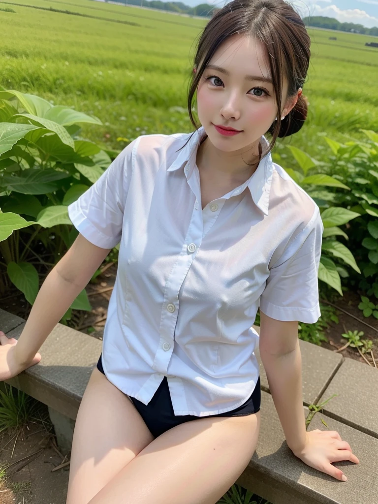 ((Best of the highest quality, 8k, Masterpiece, raw photo: 1.2)), (Sharp focus: 1.2), (1 AESPA, slim body type female, 21 y/o: 1.1), (Solo: 1.28), (realistic, photo-realistic:1.37), face focus, cute face, finely eyes, (droopy eyes: 1.32), (Emphasize prominent aegyo-sal with bright: 1.2), shimmering eyeshadow applied under the lower lash line, paired with thick, (small breasts, flat chest, Thigh: 1.3), (short messy hair, updo: 1.28), (wearing button down business shirt, panties: 1.32), sitting on rice field, paddy field, flower, (from below: 1.12)