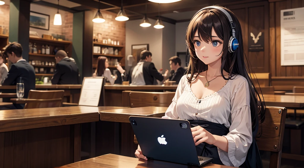 Girl with headphones enjoying music in a cafe I am studying Emphasize a little bit of the chest