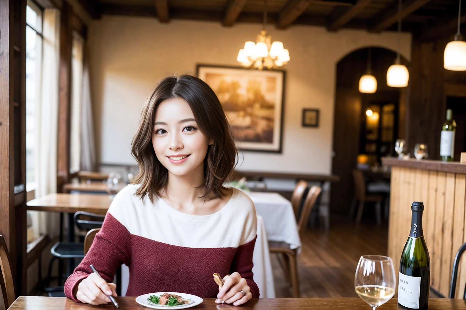 ((Highest quality、8K、masterpiece:1.3))、1 male、1 woman who resembles Satomi Ishihara、Couple、spouse、Couple、The body is slim、((Bob Hale、Straight hair:1.2)), (Realistic, Intricate details:1.2), テーブルの上のwine glass、Shine light on your face、 Amazing view of the sunset sky and clouds、Amazing mountain views、A bright smile、The wonderfulness of smile、Bright image、The beauty of wine, Beautiful Face, blue eyes, The light shines on your face, Blushing, short hair,Bright Face、42 years old), 39 years old, red wine 、Appetizers、Italian food、Wine bottle、Champagne、sparkling wine、Two beauties、Brown Hair、Shortcuts、Long sleeve shirt、dress、Beautiful woman 1, (slimな顔), (The body is slim), (Brown Hair), (Shortcuts), cheeks turn a little red,Attractive beauty、restaurant, In a prominent place (From the waist up) Nova Frog Style, actress, model, Upper Body, White wine, slim, wine glass, 中央に置かれたwine glass, smile, (smile: 1.15), Beautiful fine grain, Depth f/2,saturation, High Contrast, Strong light and shadow,Moist Body:1.5、3D texture、Delicate eyes、Brown Hair、The hair is very shiny、