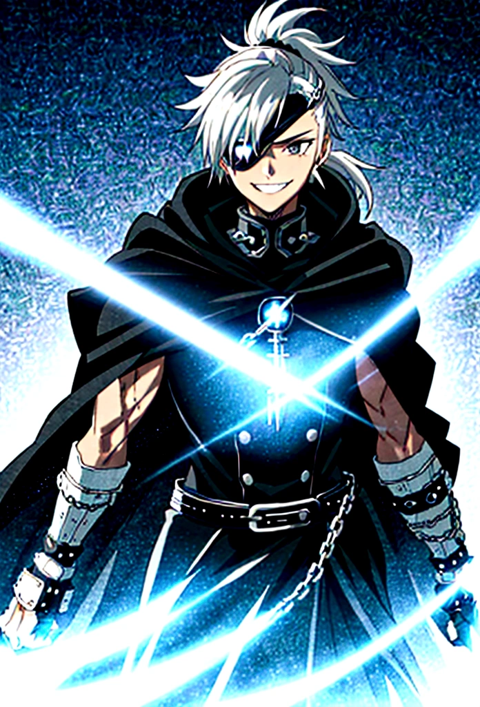 a man, young 20 years old, cold look, smiling fiercely, white teeth, messy short gray hair, ponytail, black eyes, left eye patch, black clothes, dark cape with hood, chains. frontal camera. White and black lightning overflowing from the right arm, iris of the right eye glowing white.