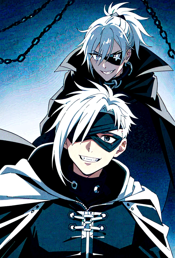 a man, young 20 years old, cold look, smiling fiercely, white teeth, messy short gray hair, ponytail, black eyes, left eye patch, black clothes, dark cape with hood, chains. frontal camera. White and black lightning overflowing from the right arm, iris of the right eye glowing white.