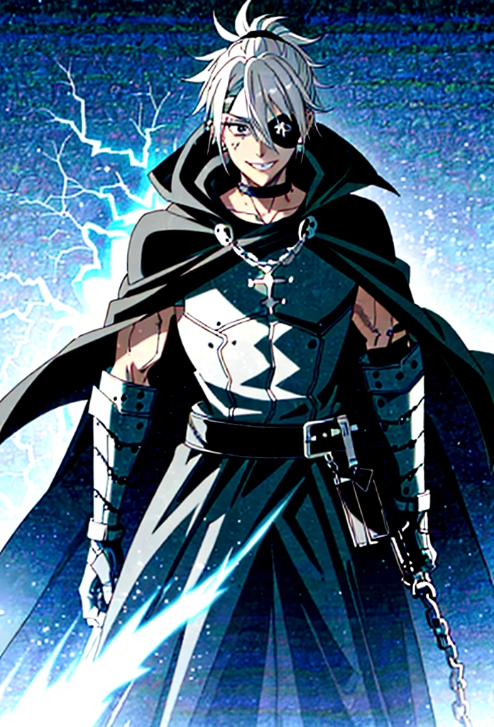 a man, young 20 years old, cold look, smiling fiercely, white teeth, messy short gray hair, ponytail, black eyes, left eye patch, black clothes, dark cape with hood, chains. frontal camera. White and black lightning overflowing from the right arm, iris of the right eye glowing white.