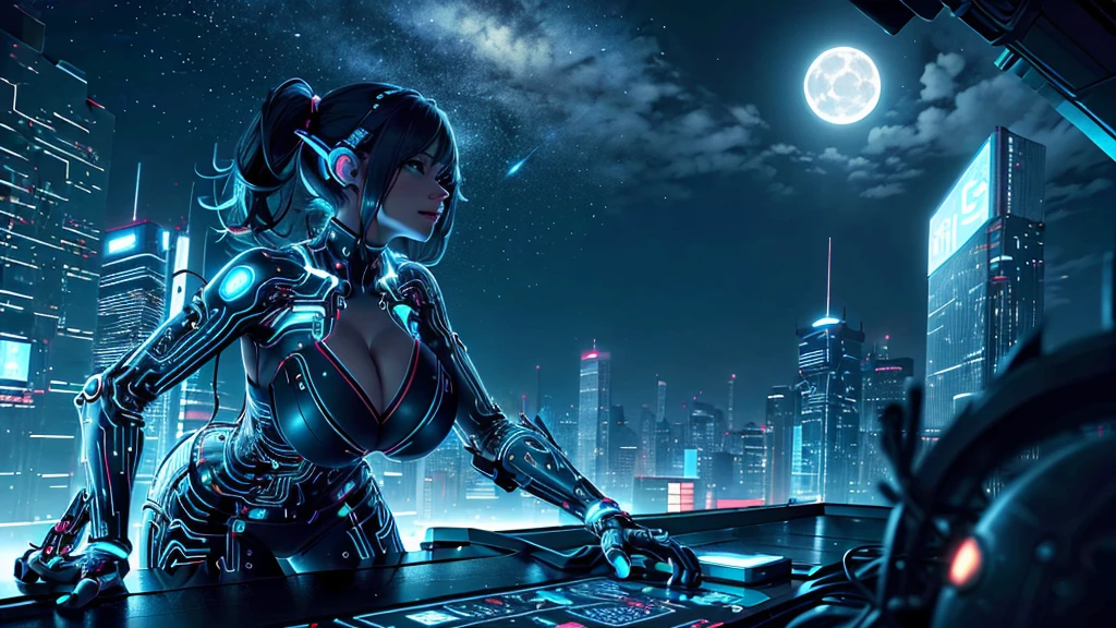 CircuitBoardAI skyscraper, 1woman, solo, (large-breast:1.2 slim body, cleavage:1.4), nighttime, neon, moon, dark clouds, no stars, sci-fi, hitech building, futurism, detailed, high resolution.