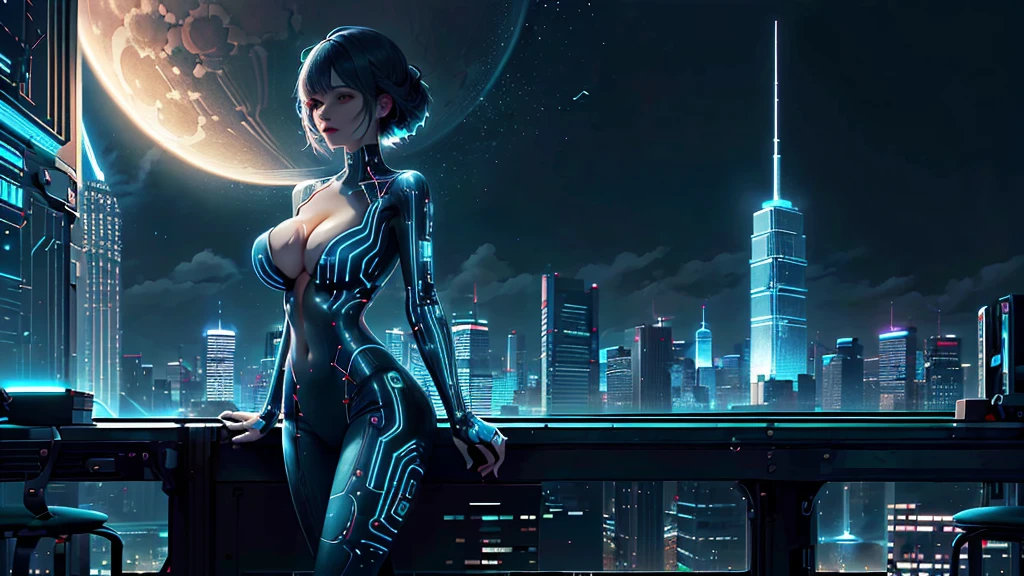 CircuitBoardAI skyscraper, 1woman, solo, (large-breast:1.2 slim body, cleavage:1.4), nighttime, neon, moon, dark clouds, no stars, sci-fi, hitech building, futurism, detailed, high resolution.