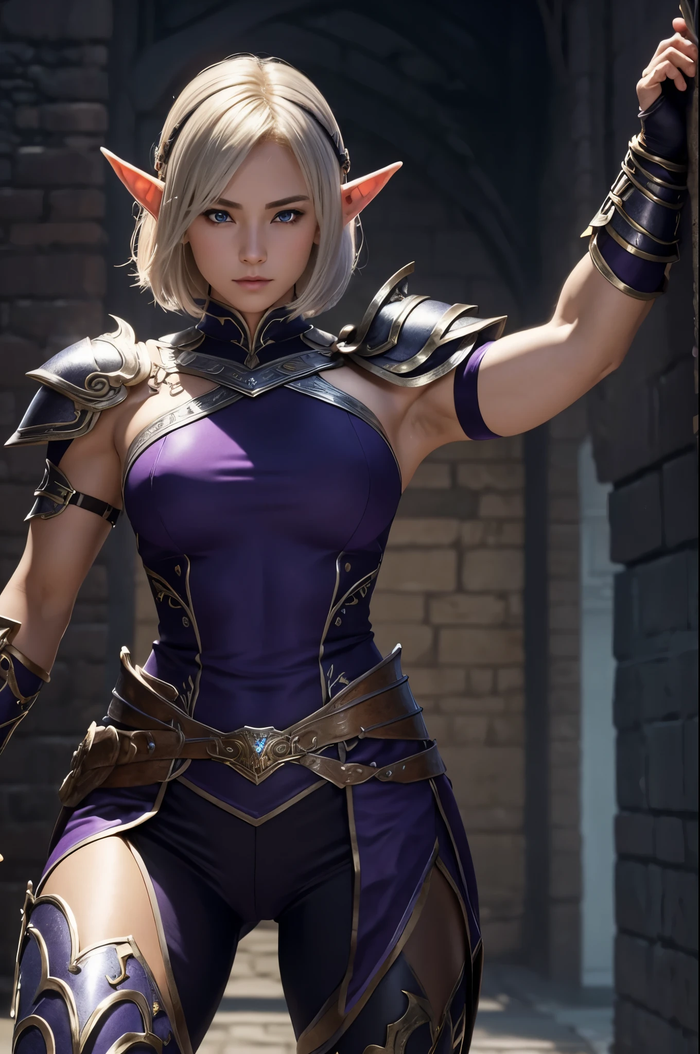 8K、Blonde short bobヘアのエルフ、Super Beauty(Realistic)、Alafeido woman in purple and black outfit、Ultra-detailed fantasy characters、3D Rendering Character Art、blue eyes、Detail Fantasy、Stunning Armor、Amazing character art、Gorgeous Female Paladin、Ultra-high resolution、Ultra-Realistic Skin、Beautiful expression、Sexy appearance、Enchanting、Beautiful small breasts、Rich colors、Backlight、Cinema Lighting、Film Grain、50mm lens、Nikon D850、Fantasy art、Dynamic fighting poses、In a dimly lit dungeon、make、Elf Ears、Very muscular and slim body、Very strong abs(8 Pack)、Silver hair ornament(one point)、Purple and black combat pants、Curved silver holding two small swords、Preparing for battle、Blonde short bob,Strengthening muscles throughout the body,Extremely strong and defined abs(Six Pack),Emits a black aura,Emits black energy,