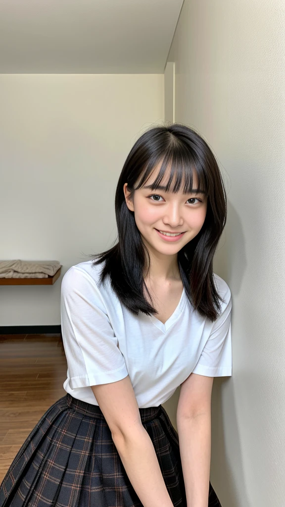 (8k, RAW photo, highest quality, masterpiece: 1.2), (realistic, photorealistic: 1.4), hyperrealism, (masterpiece), (high resolution), (ultra detail), (best shadow), realistic shadows, ultra high resolution, (detail face: 1.4), perfect skin, realistic skin texture, detailed skin texture, depth of field, natural , lens flare, (soft saturation: 1.3), Professional portrait photography, Japan beautiful female idol, cute, young, quiet girl, (15 years old), baby face, full lips, round face, black hair, dull bangs, fluffy short hair, beautiful eyes, good looking, beautiful face, (fair skin: 1.4, soft skin), without makeup, loneliness, (plump), , knee-length skirt, plaid skirt, pleated skirt, , white bra, upper body, in the girl's room, cute smile,