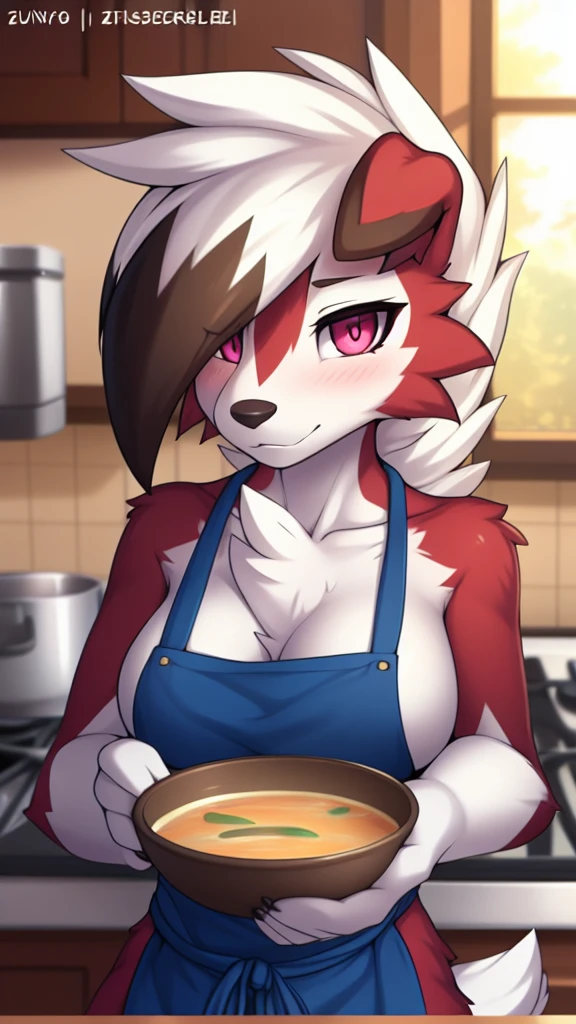 By zinfyu,by twistedscarlet60, uploaded on pixiv, by fluff-kevlar, (masterpiece), (best quality), (solo female:1.2), (extremely detailed:1.3),(detailed eye,black circle on eye,pink eye), lycanroc midnight, view on viewer, close view, shy face, half body on potrait, only body and head, close view, wearing cooking apron,in kitchen, carying a bowl of soup, (tail:1.1), closeup photo of lycanroc