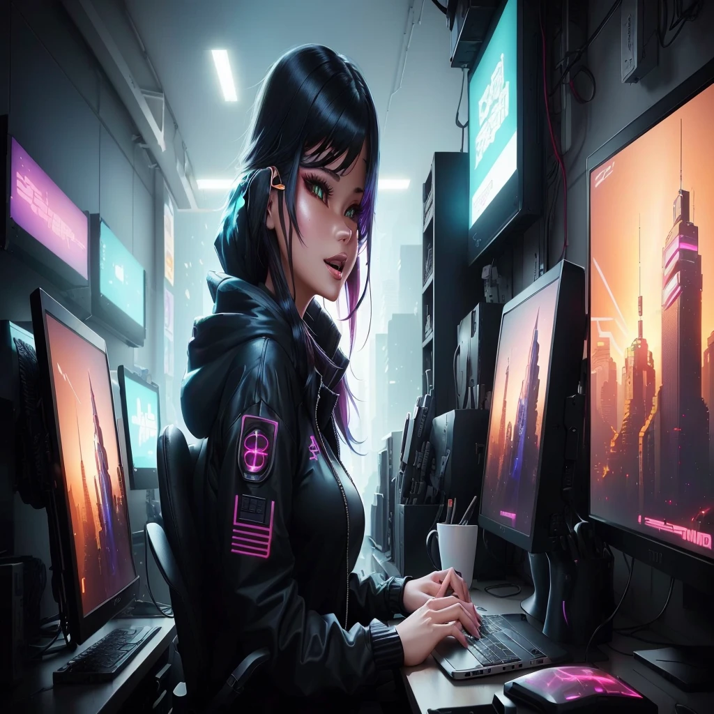 There is a woman sitting at a desk with a laptop and a monitor, digital Cyberpunk anime art, Digital Cyberpunk - Anime Art, Cyberpunk Anime Girl, Cyberpunk Anime Girl in hoodie, Cyber , female Cyberpunk Anime Girl, anime cyberpunk art, Cyberpunk anime art, Cyberpunk art style, dreamy Cyberpunk Girl, Cyberpunk Girl, Cyberpunk Style, Cyberpunk beautiful girl, Cyberpunk themed art,laughing face