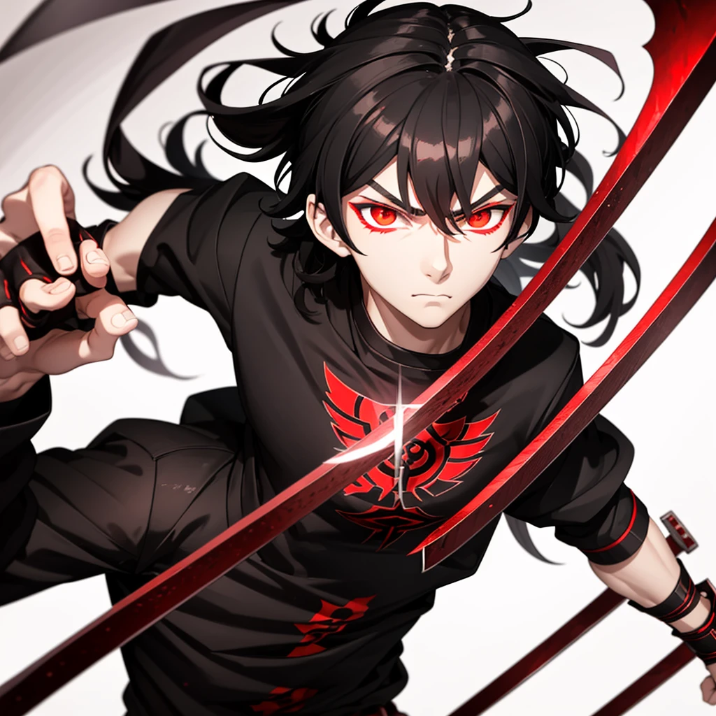 -yeld mateenager, black hair, bright scarlet eyes, hateful gaze, serious face, dark aura, sword embedded in the ground, black blade with red details, white background, looking at the viewer.





