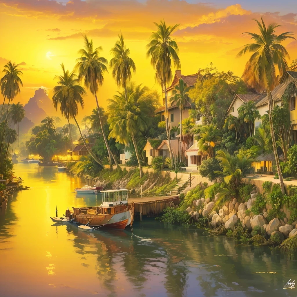 painting of a boat on a river with palm trees and a house, tropical landscape, scenery artwork, beautiful art uhd 4 k, beautiful oil matte painting, scenery art detailed, detailed painting 4 k, a beautiful artwork illustration, oil painting 4k, oil painting 4 k, 4 k hd wallpaper illustration, dream scenery art, detailed scenery —width 672