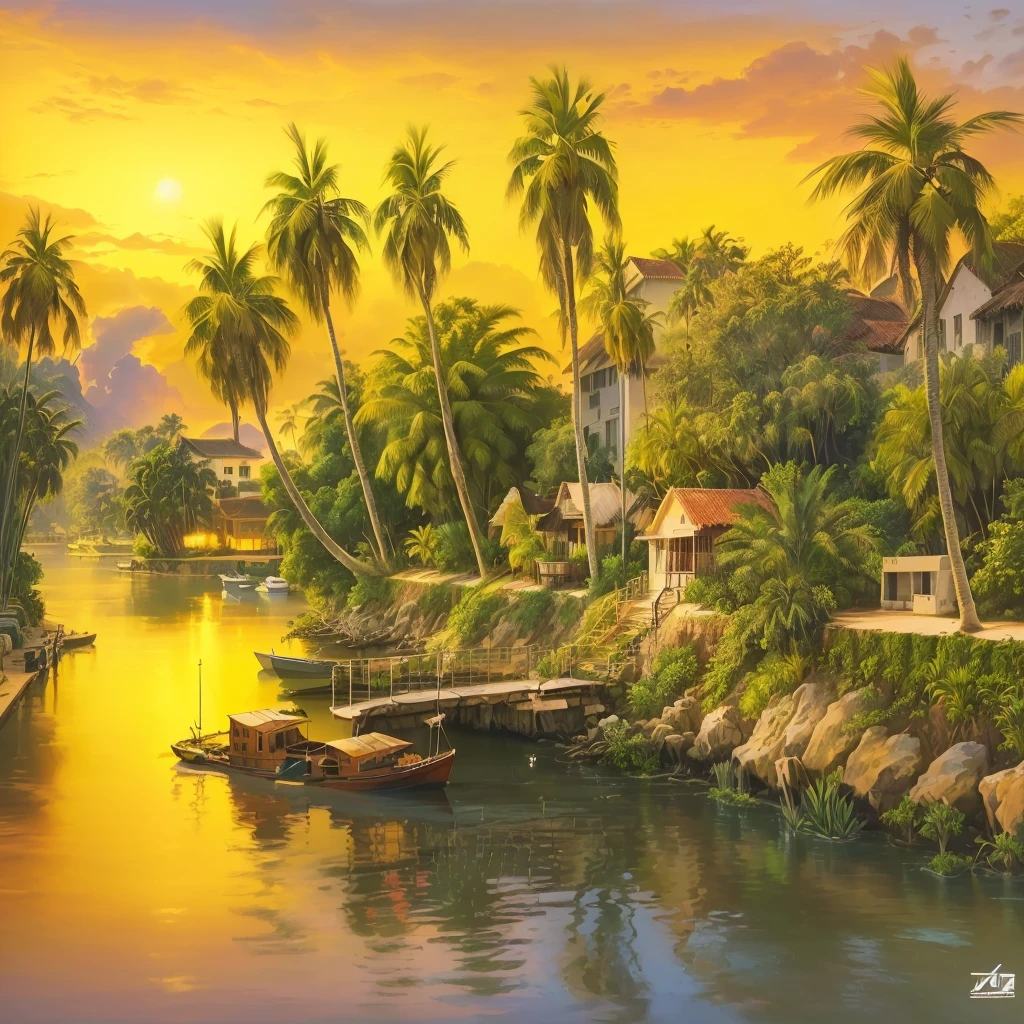 painting of a boat on a river with palm trees and a house, tropical landscape, scenery artwork, beautiful art uhd 4 k, beautiful oil matte painting, scenery art detailed, detailed painting 4 k, a beautiful artwork illustration, oil painting 4k, oil painting 4 k, 4 k hd wallpaper illustration, dream scenery art, detailed scenery —width 672