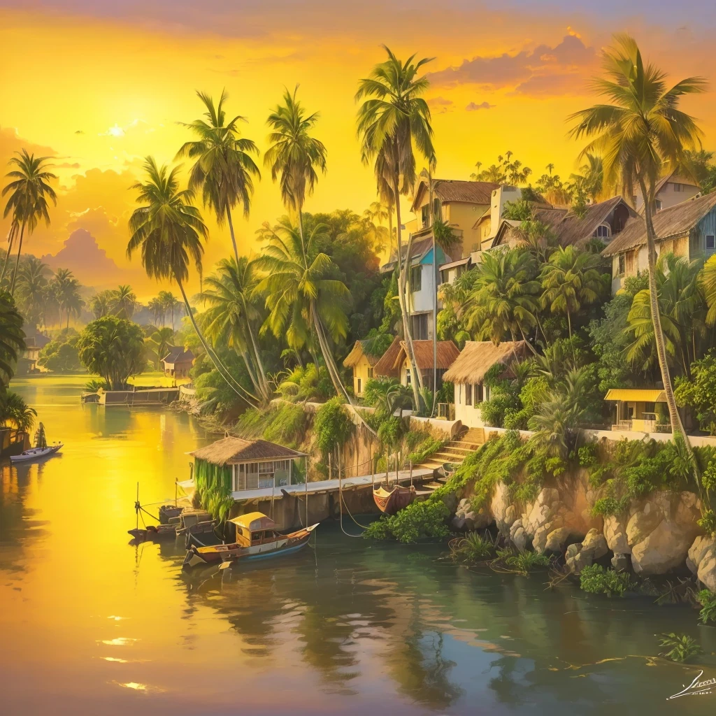 painting of a boat on a river with palm trees and a house, tropical landscape, scenery artwork, beautiful art uhd 4 k, beautiful oil matte painting, scenery art detailed, detailed painting 4 k, a beautiful artwork illustration, oil painting 4k, oil painting 4 k, 4 k hd wallpaper illustration, dream scenery art, detailed scenery —width 672