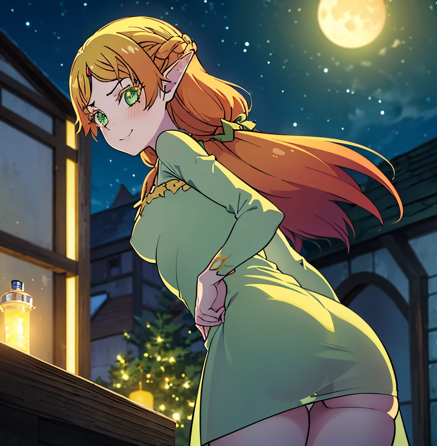 ((1 girl)),((alone)), Sui tsundere elf, girl of medium height, serious expression, embarrassed, blushing, looking at viewer, hands on waist, long hair, blonde hair, green eyes, pointed ears, goblin, multicolored hair, jewel on the forehead, (green dress, transparent dress, dress with ruffles, neckline, bare legs, green shoes, bare back, bare arms), interior, medieval inn, bedroom, night, window, moon, lights from the village, bent over, smile, small breasts, narrow waist, wide hips, wide thighs, round butt, curvy body, perfect body, perfect toes,((solo)),Standing,dynamic pose,cowboy shot,angle dutch,Ultra detailed,Masterpiece,detailed eyes,detailed background,sharp focus,Looking back,from behind, ((focus on ass)),pov(from below),perfect hands,perfect anatomy