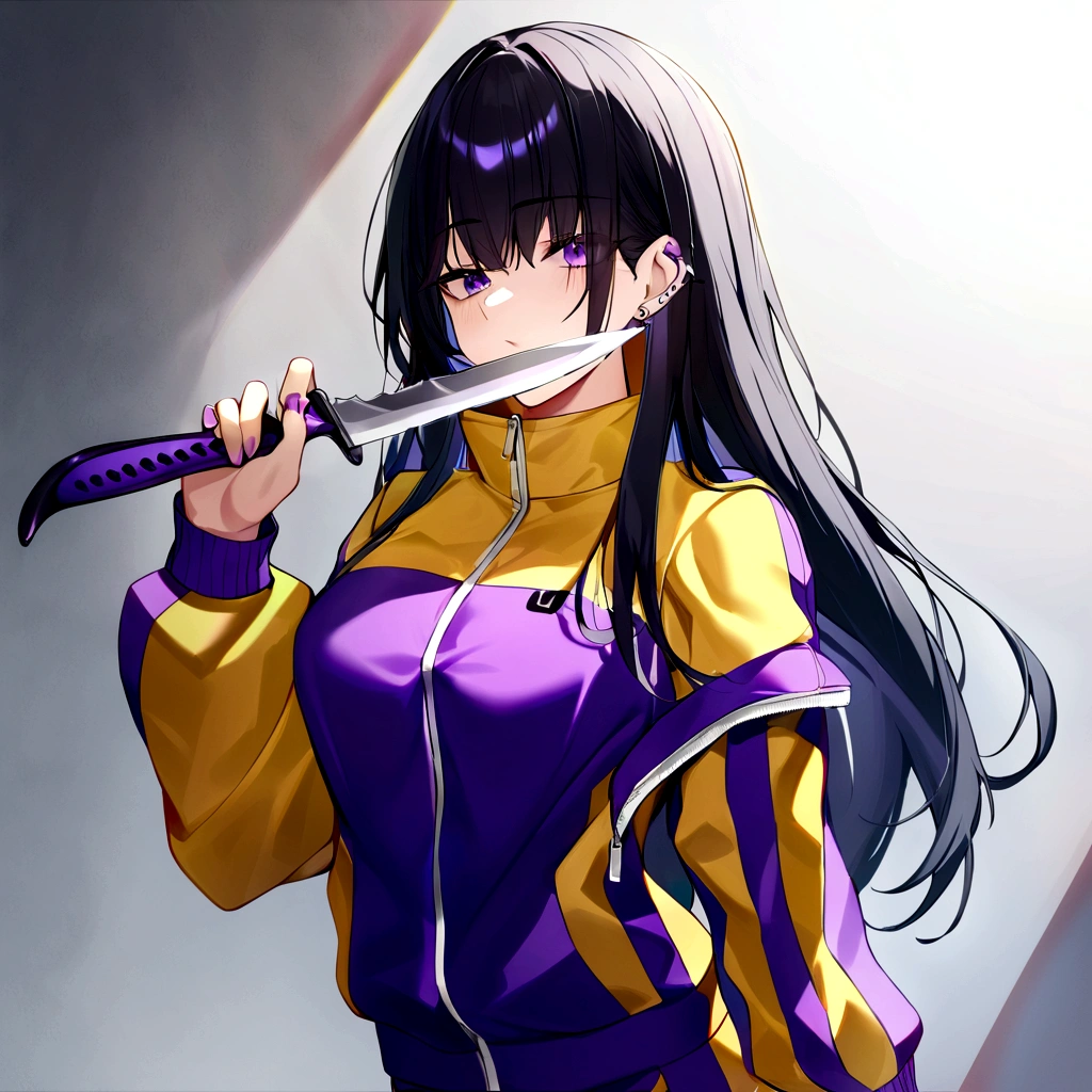 One girl, piercing purple irises, yellow tracksuit jacket, over the mouth high collar tracksuit, knife in hand, medium chest, yellow pants with purple accents, best quality, long black hair streaked with purple stripes,