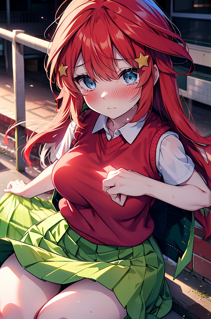 itsukinakano, itsuki nakano, bangs, blue eyes, Hair between the eyes, Ahoge, Redhead, star \(symbol\), hair ornaments, star hair ornaments,Tears stream down her face,Tears of joy,I cry a lot,blush,
 skirt, shirt , clavicle, white shirt, Short sleeve, Pleated skirt, socks, collared shirt, mini skirt, Knee-high, white socks, (Green Skirt:1.5), (red sweater vest:1.5),Black Loafers,Sunset,evening,The sun is setting,whole bodyがイラストに入るように,
break outdoors, Back of the school building,
break looking at viewer, whole body,
break (masterpiece:1.2), Highest quality, High resolution, unity 8k wallpaper, (figure:0.8), (Beautiful attention to detail:1.6), Highly detailed face, Perfect lighting, Highly detailed CG, (Perfect hands, Perfect Anatomy),
