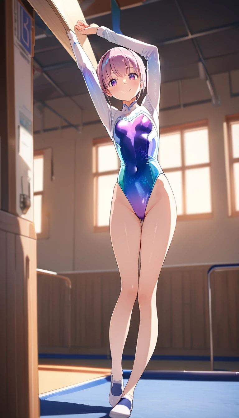 highquality illustration, masterpiece, very delicate and beautiful, attractive girl,(gymnastics leotard, Floral patterns leotard,long sleeve leotard with glittery decoration,high_leg leotard,athletic leotard,tight-fit leotard,iridescent gradient leotard),thin,slender body,slim,high school,gymnasium background,gymnastics club,gymnastics athlete,princess, beautiful eyes,light smile,(masterpiece, best quality:1.2), highres, extremely detailed CG unity 8k wallpaper, perfect lighting, Colourful, ultra-high res,4K,ultra-detailed, photography, 8K, HDR,  ages, 