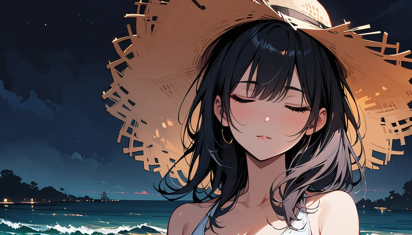 (masterpiece, Highest quality:1.2), 1 Girl, alone,Open your eyes,White Bikini,night,Ocean,Black Hair,long,Straw hat