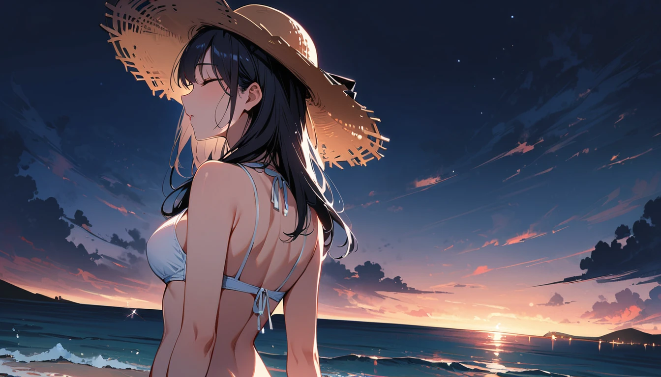 (masterpiece, Highest quality:1.2), 1 Girl, alone,Open your eyes,White Bikini,night,Ocean,Black Hair,long,Straw hat