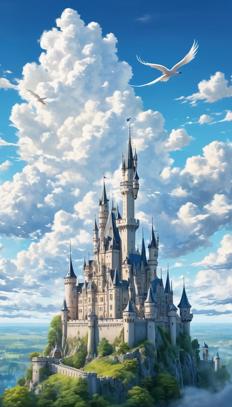 A serene, emotive scene with a vast blue sky, large fluffy white clouds, and a majestic castle floating among them. The castle is detailed with elegant spires and banners waving gently in the wind, creating a sense of magic and wonder. The scene captures a dreamlike quality, evoking feelings of awe and inspiration.