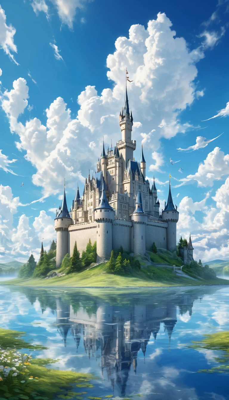 A serene, emotive scene with a vast blue sky, large fluffy white clouds, and a majestic castle floating among them. The castle is detailed with elegant spires and banners waving gently in the wind, creating a sense of magic and wonder. The scene captures a dreamlike quality, evoking feelings of awe and inspiration.