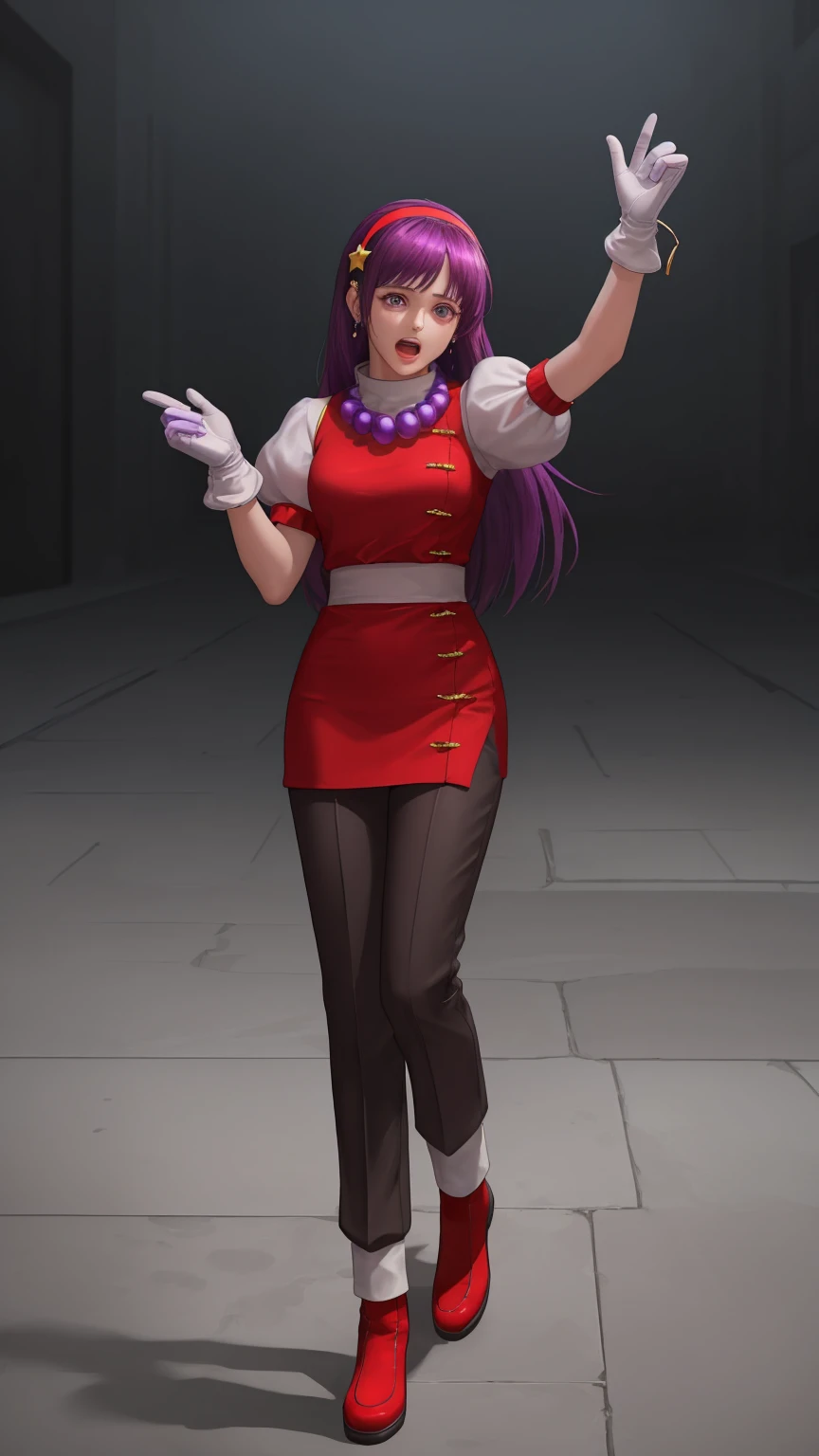 masterpiece,best quality,detailed,white theme,extreme detailed,colorful,highest detailed,masterpiece,best quality,highly detailed,athena97,1girl,full body,solo,standing,open mouth,crying,purple eyes,purple hair,straight hair,athena asamiya, long hair, hair ornament, (purple eyes:1.1), purple hair, hairband, star \(symbol\), star hair ornament, red hairband,gloves, jewelry, pants, fingerless gloves, necklace, bead necklace, chinese clothes, dress, red dress, puffy sleeves, short sleeves, white sleeves, red gloves,