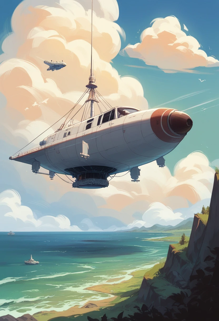 Hindenburg airship flying 300 metres above a picturesque coastline. The massive dirigible should be prominent in the sky, casting shadow over the cliff and ocean