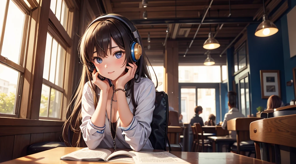 Girl with headphones enjoying music in a cafe I am studying Emphasize a little bit of the chest