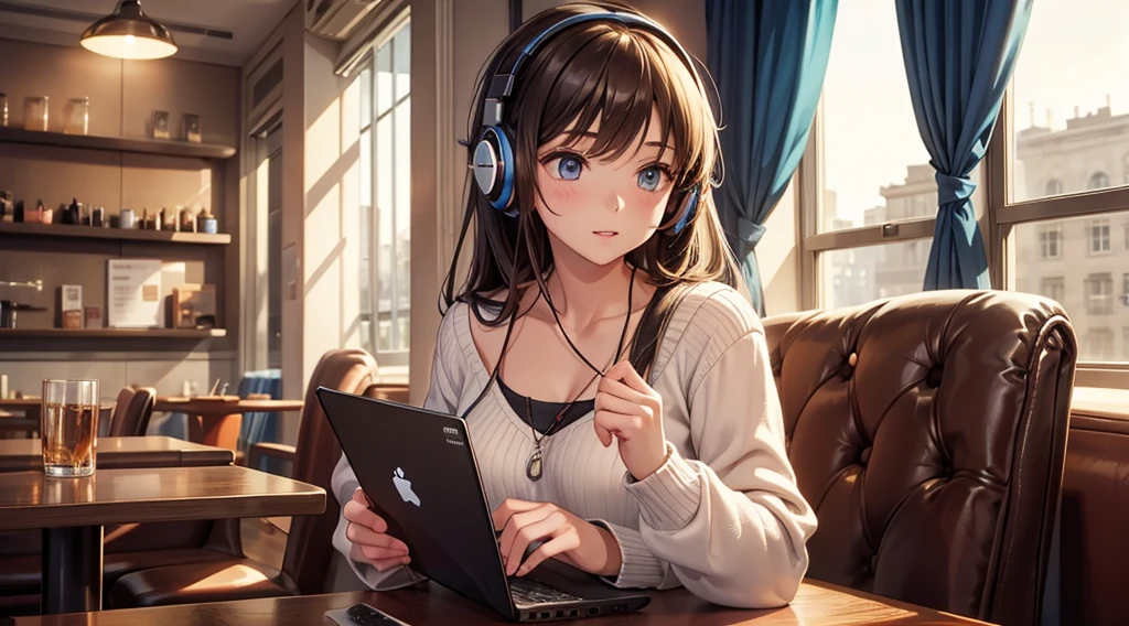 Girl with headphones enjoying music in a cafe I am studying Emphasize a little bit of the chest